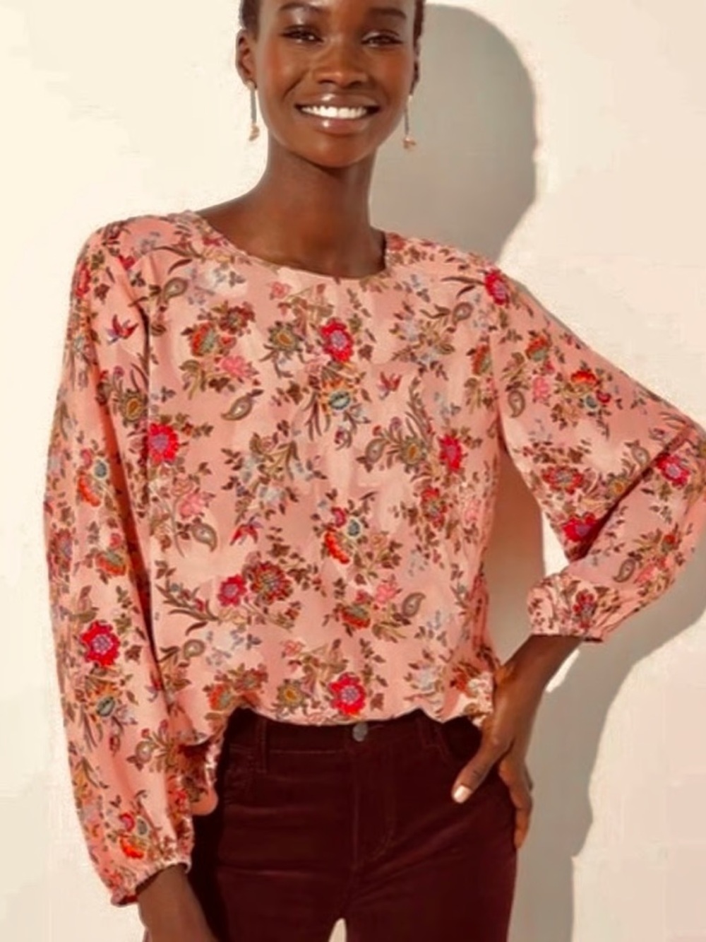 Loft pink floral balloon sleeve blouse size small petite